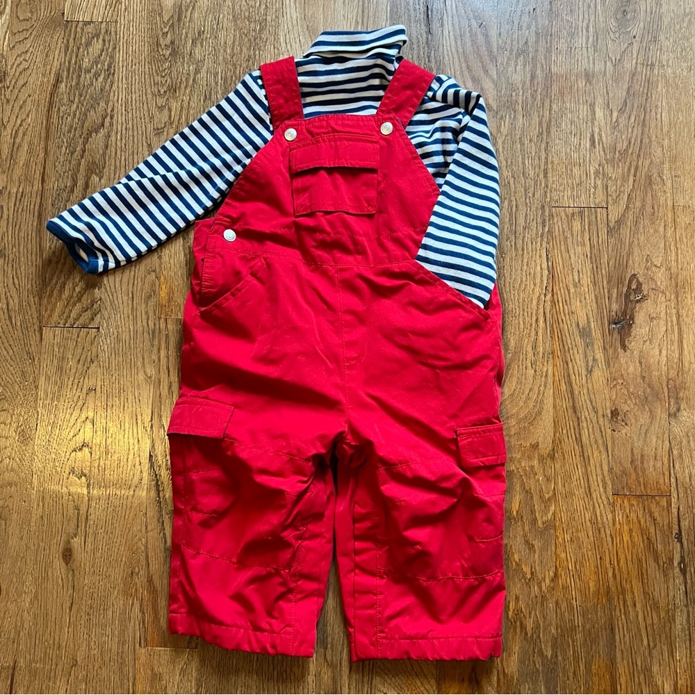 Vintage Red Cotton Baby Overalls & Striped Mock Neck Turtleneck Set 12m 18m